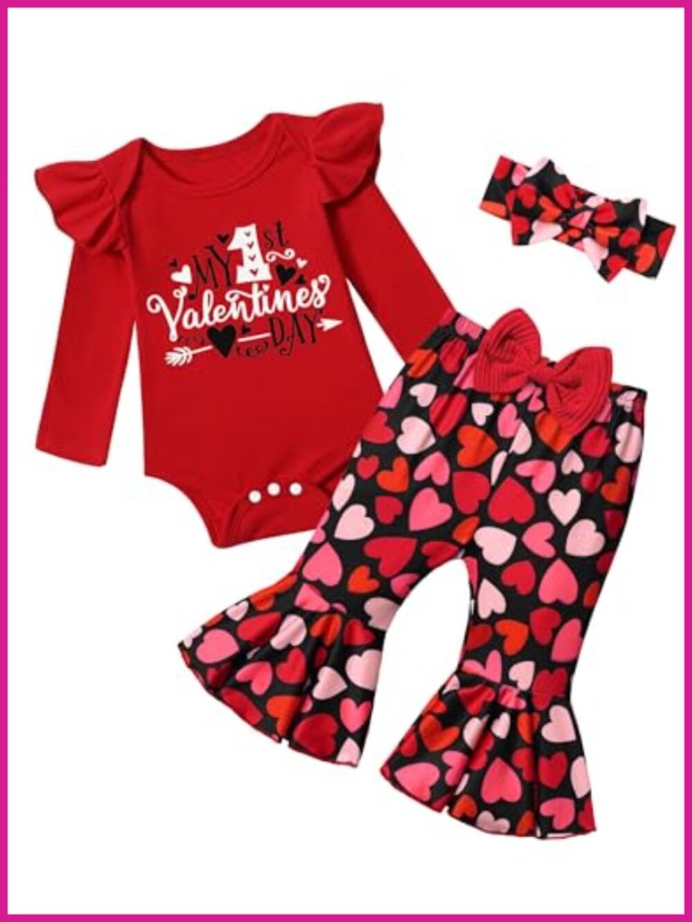 Baby Girl 4pc Valentines Outfit Ruffle Romper Bell Bottoms Headband Set